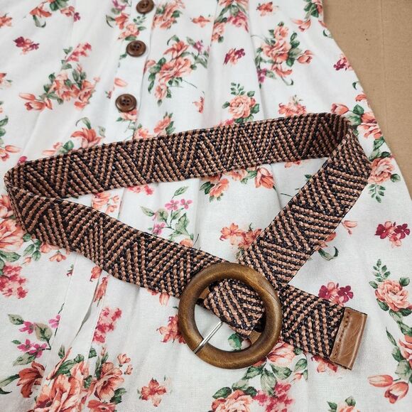 Mind Code Cotton Mini Dress Floral Cream Belted Wooden Button Size M - Picture 16 of 16